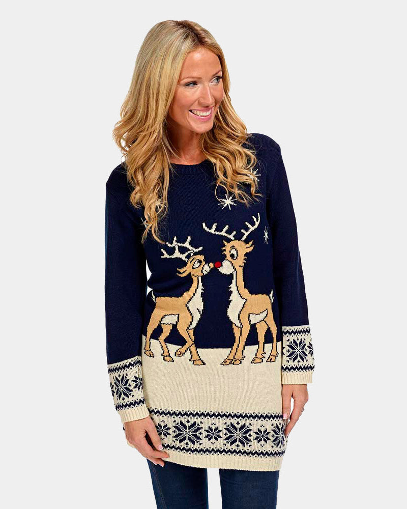 Vestido mujer Navideña Azul con Renos Bebé