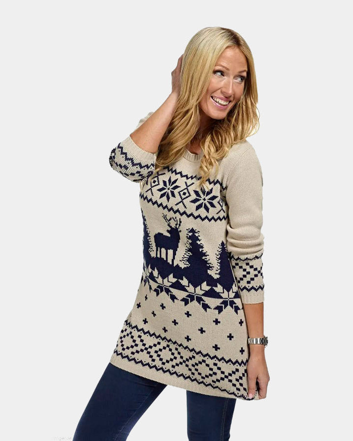 Vestido Navideña Clasico Azul y Beige