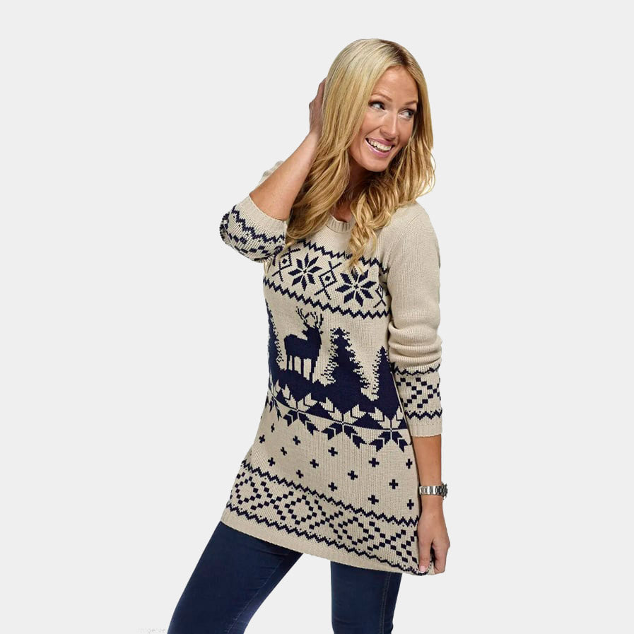 Vestido Navideña Clasico Azul y Beige