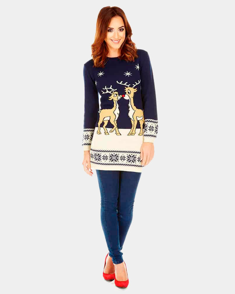 Vestido Navideña mujer Azul con Renos Bebé