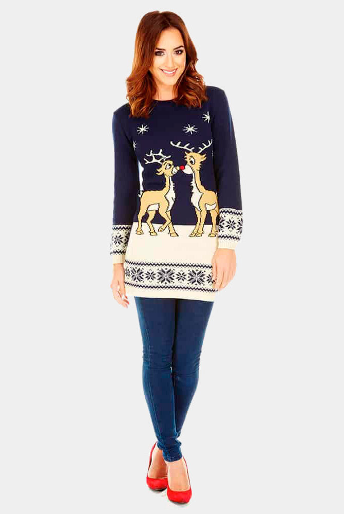 Vestido Navideña mujer Azul con Renos Bebé