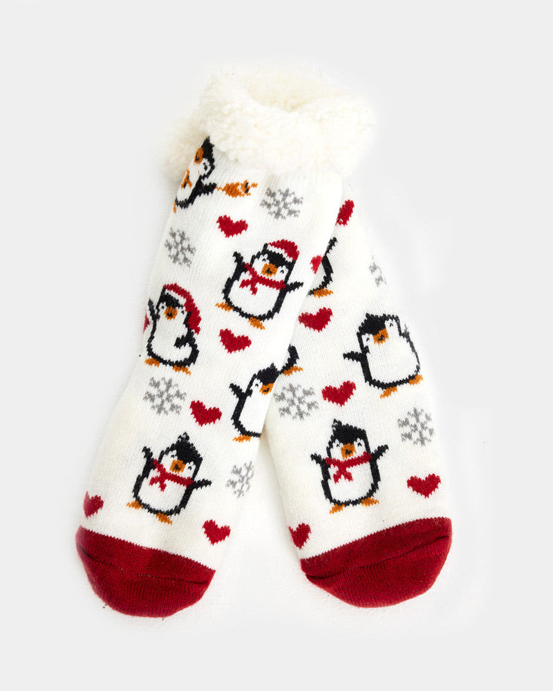 Calcetas Navideñas Afelpadas Blancos Pingüinos y Corazones