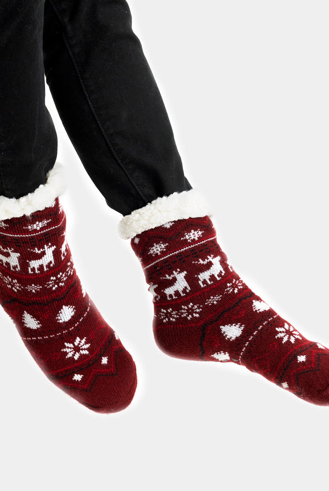 Calcetas Navideñas Afelpadas Burdeos con Cenefas unisex