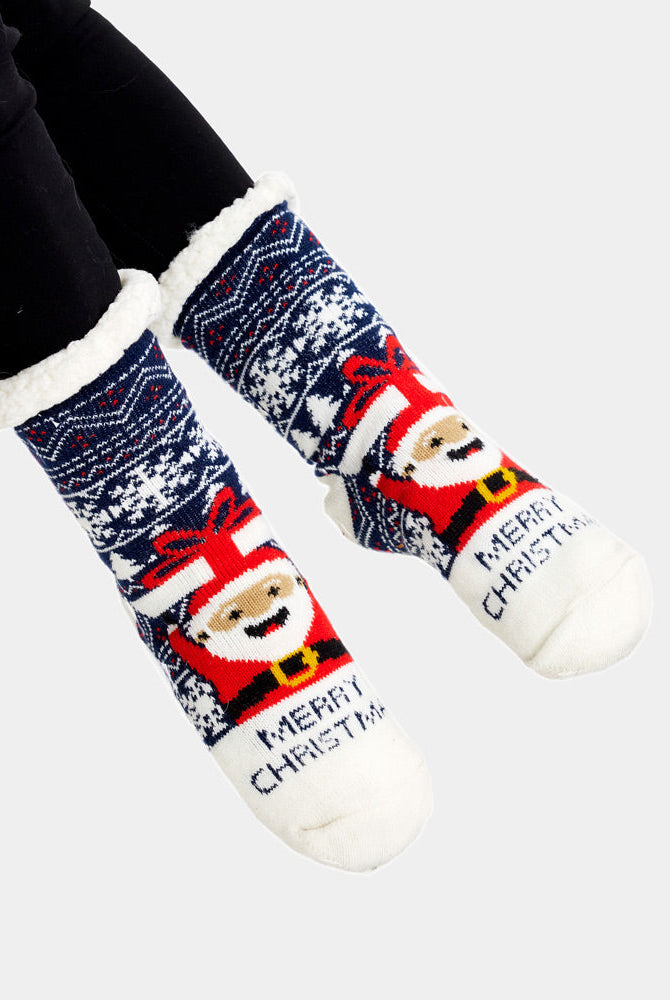 Calcetas Navideñas Afelpadas Papá Noel con Regalo unisex