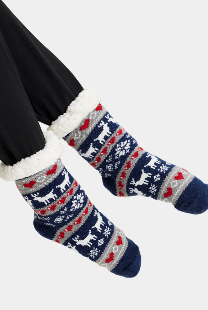 Calcetas Navideñas Afelpadas Azules con Renos y Nieve unisex