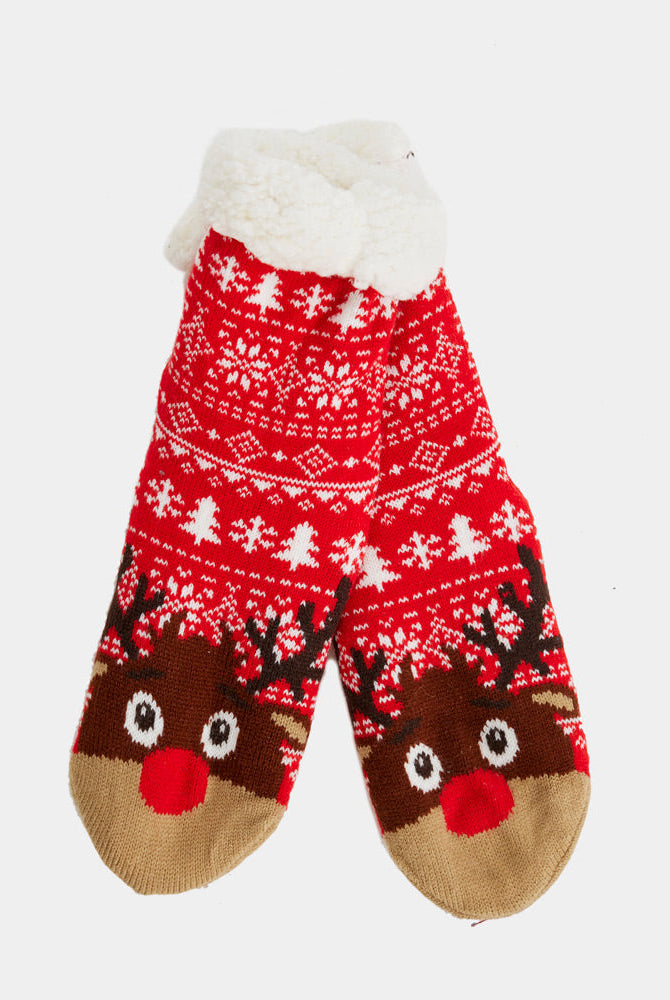 Calcetas Navideñas Afelpadas Rojos Cenefas y Renos