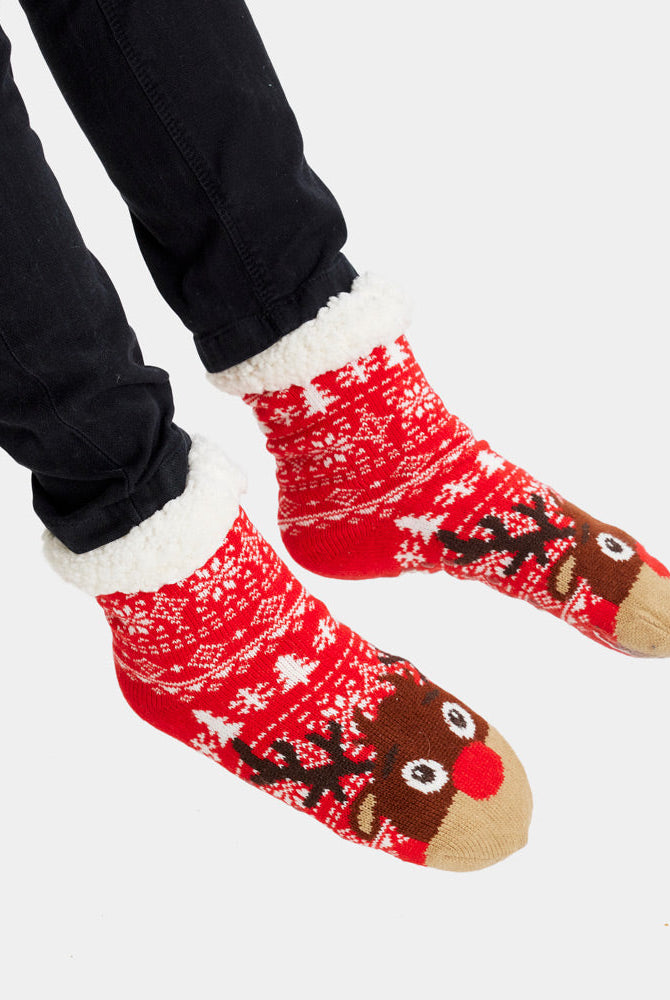 Calcetas Navideñas Afelpadas Rojos Cenefas y Renos unisex