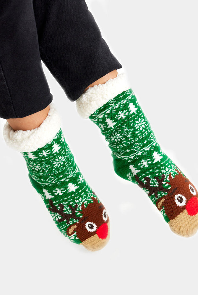 Calcetas Navideñas Afelpadas Verdes Cenefas y Renos unisex