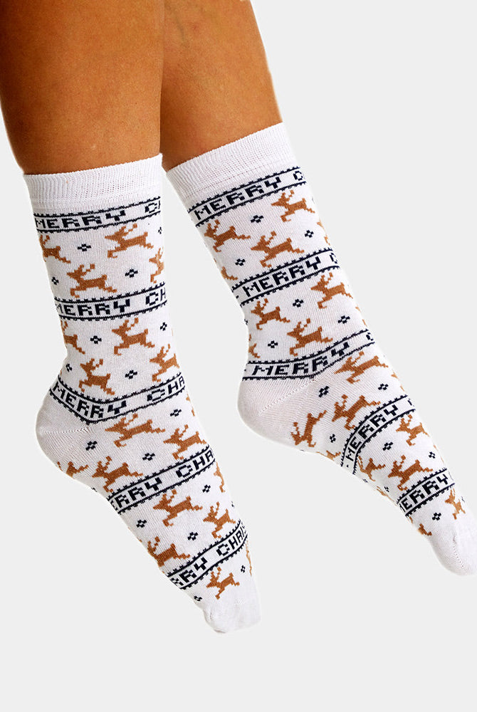 Calcetines Navideñas Unisex Elegantes Blancos con Renos Hombre y Mujer