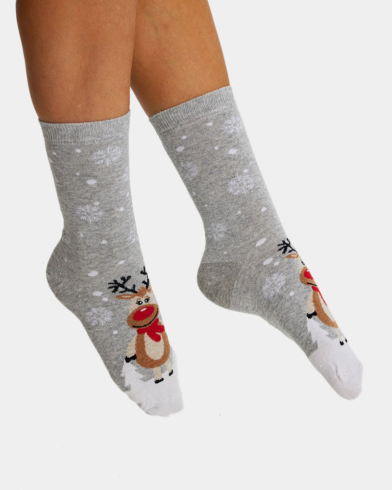Calcetines Navideñas Unisex Grises con Renas Cute Mujer y Hombre