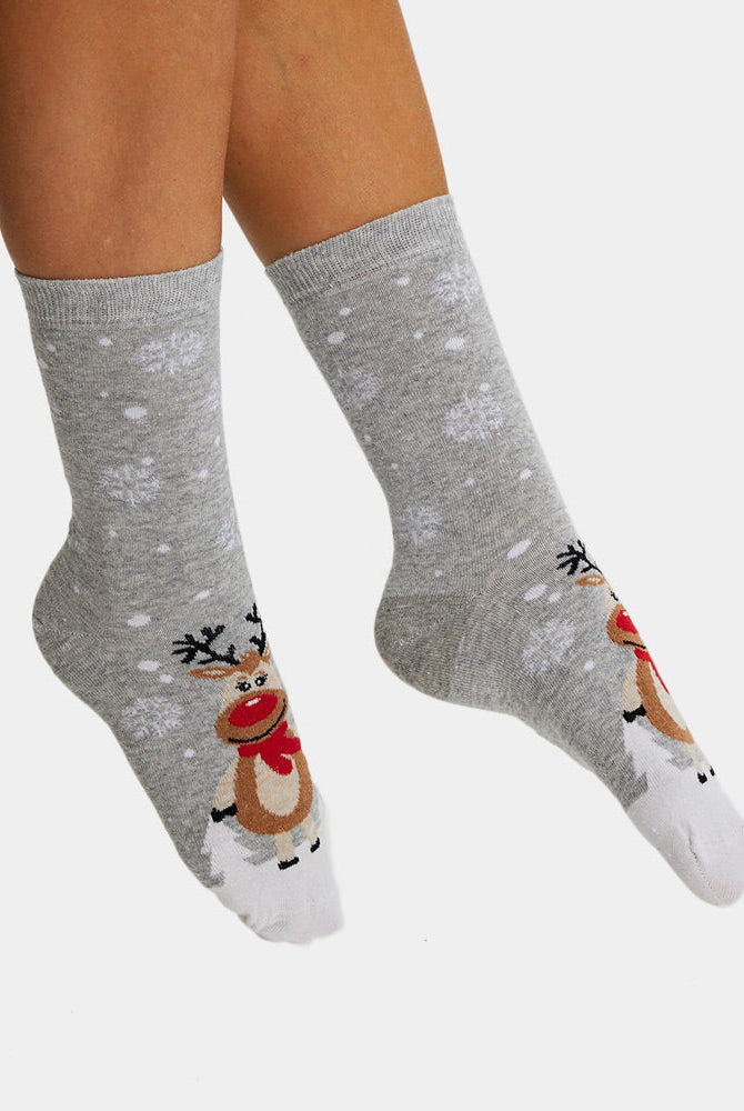 Calcetines Navideñas Unisex Grises con Renas Cute Mujer y Hombre