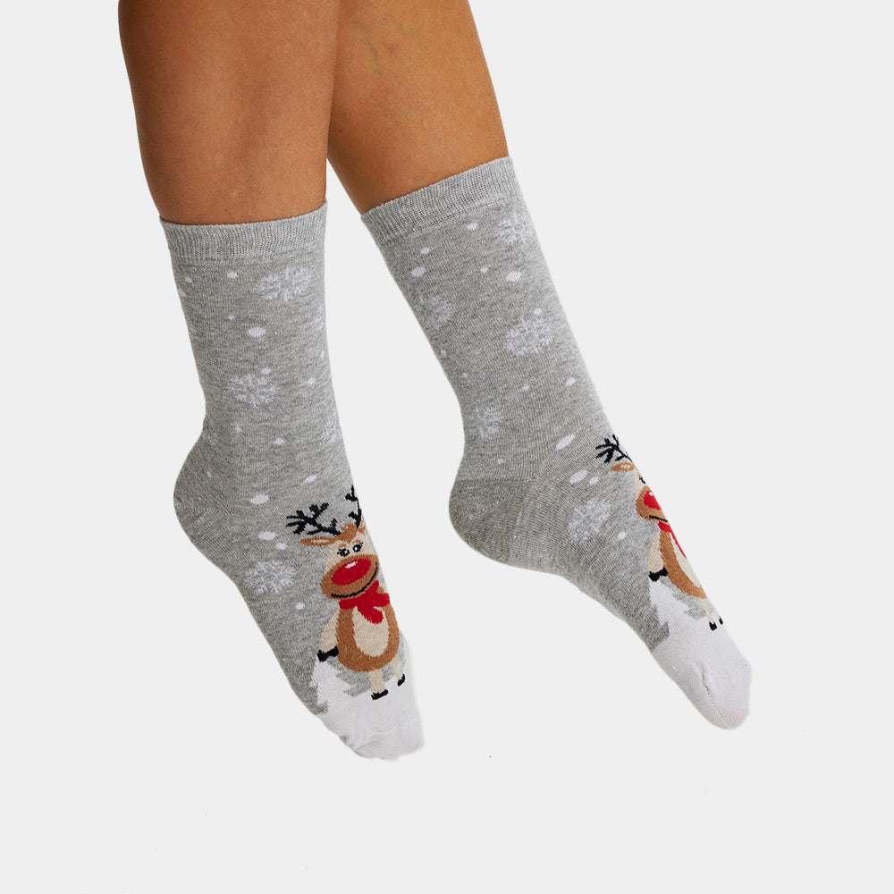 Calcetines Navideñas Unisex Grises con Renas Cute Mujer y Hombre