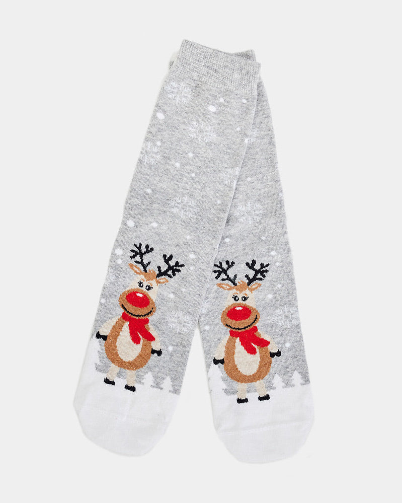 Calcetines Navideñas Unisex Grises con Renas Cute