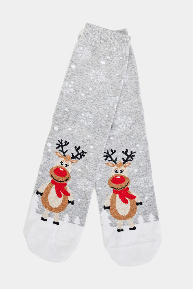 Calcetines Navideñas Unisex Grises con Renas Cute
