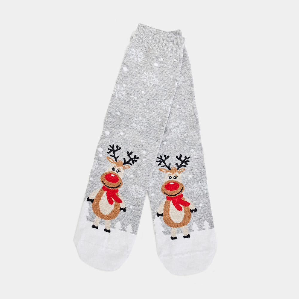 Calcetines Navideñas Unisex Grises con Renas Cute