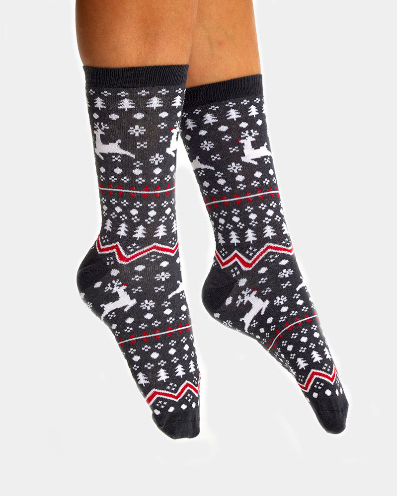 Calcetines Navideñas Unisex Grises Renos y Árboles Hombre y Mujer