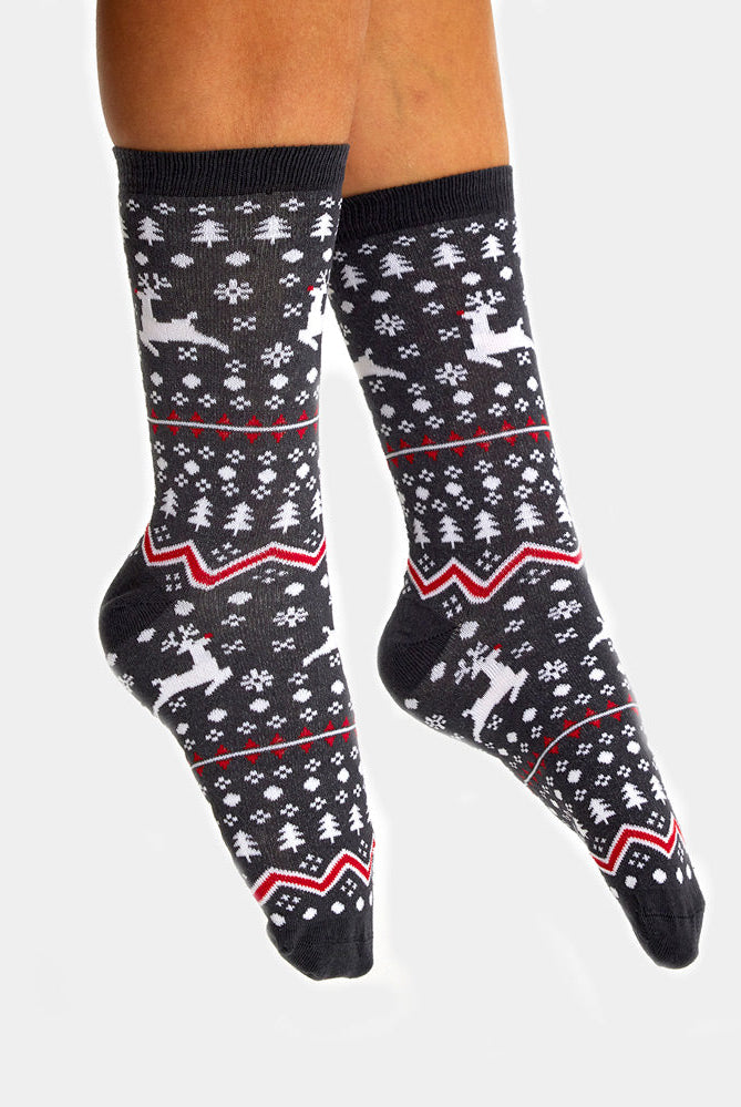 Calcetines Navideñas Unisex Grises Renos y Árboles Hombre y Mujer