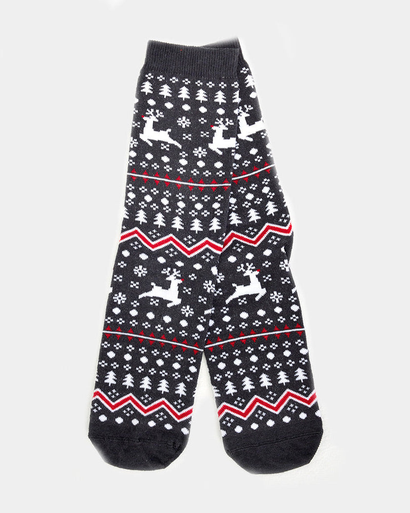 Calcetines Navideñas Unisex Grises Renos y Árboles