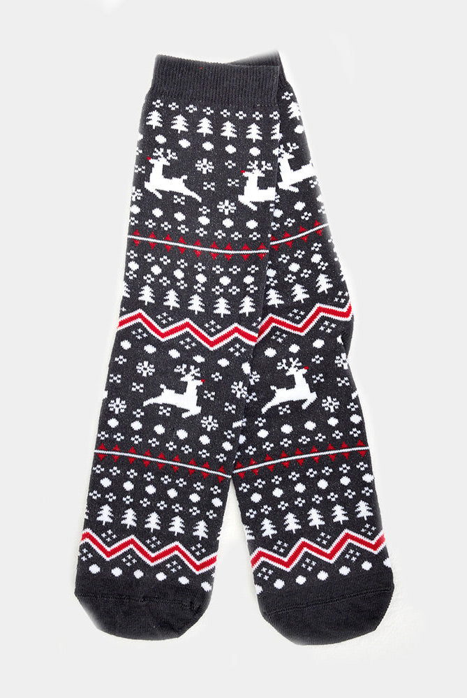 Calcetines Navideñas Unisex Grises Renos y Árboles