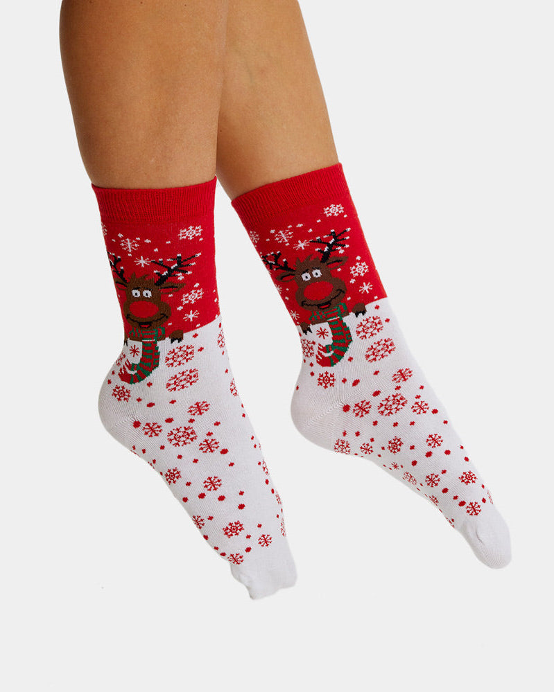 Calcetines Navideñas Unisex Rojos Reno con Bufanda Mujer y Hombre