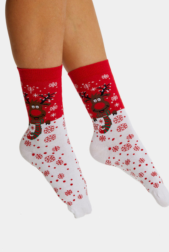 Calcetines Navideñas Unisex Rojos Reno con Bufanda Mujer y Hombre