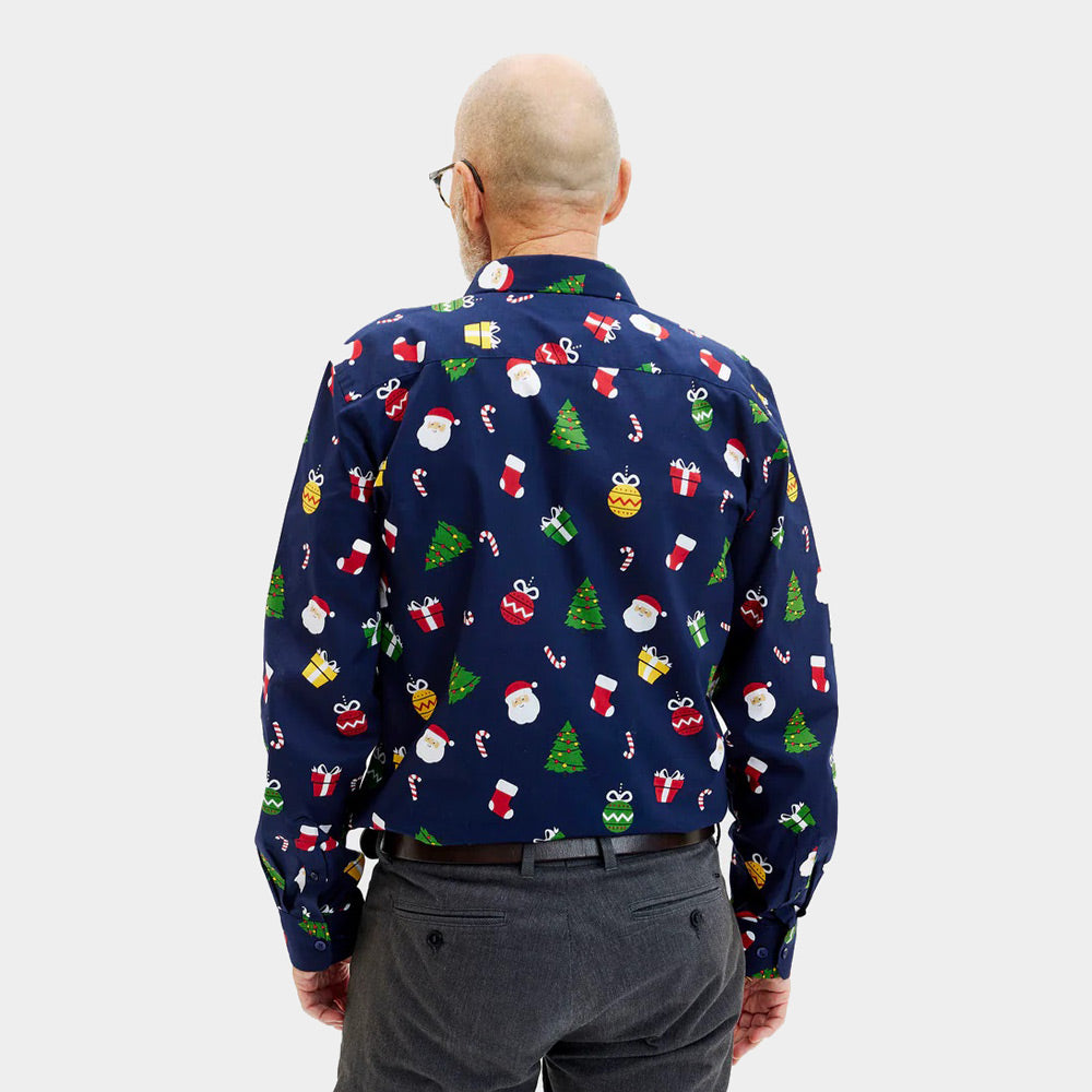 Camisa de Navidad Azul con Motivos Navideños Hombre
