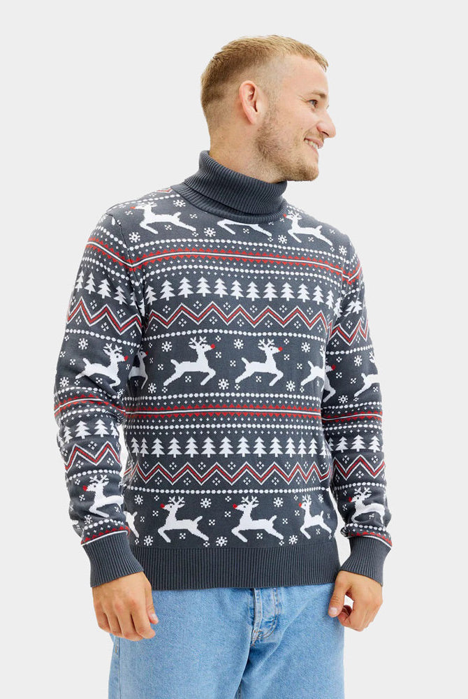 Suéter de Navidad cuello alto Hombre Gris Renos Algodón Orgánico