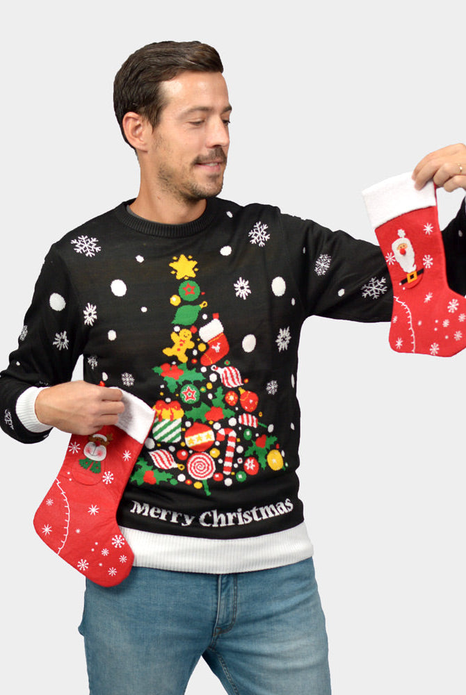 Suéter de Navidad con Árbol de Navidad para Hombre Negro