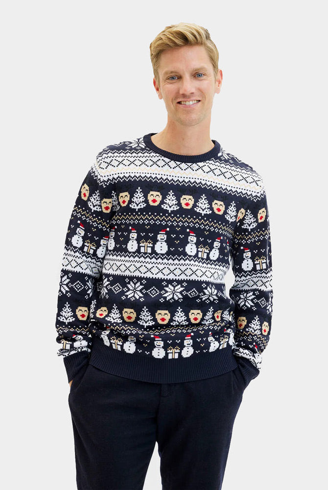 Suéter de Navidad Parejas Azul Muñecos de Nieve y Cenefas Hombre