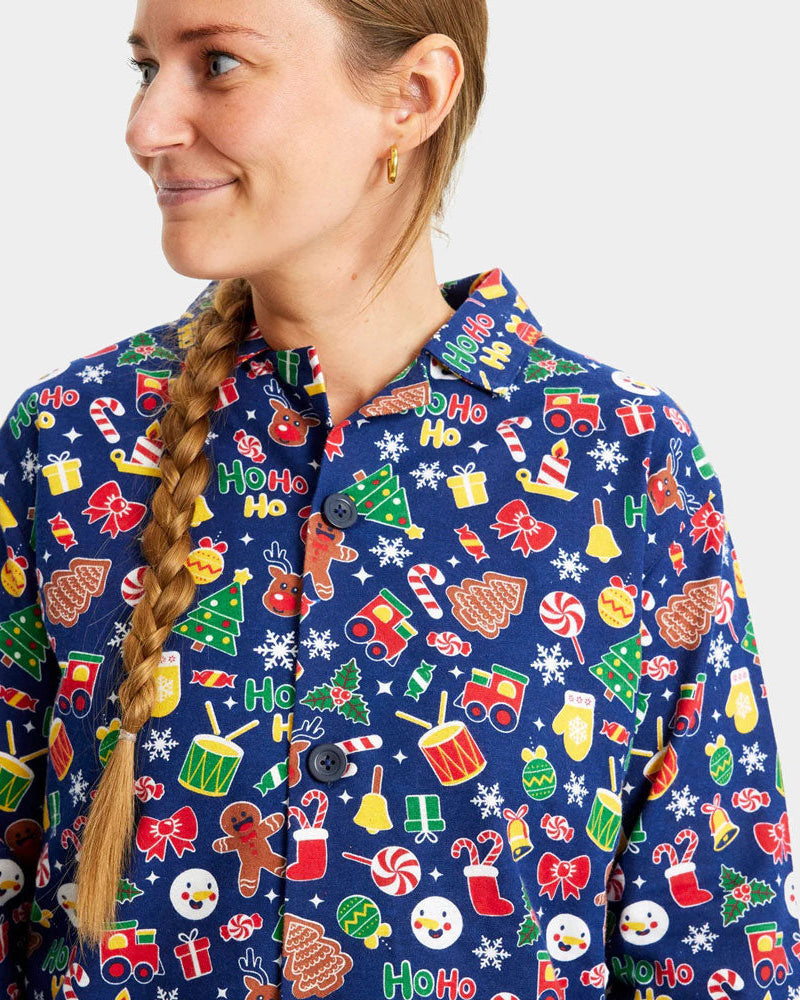 Mujer Pijama Navideña para Familia Azul con Motivos Navideños