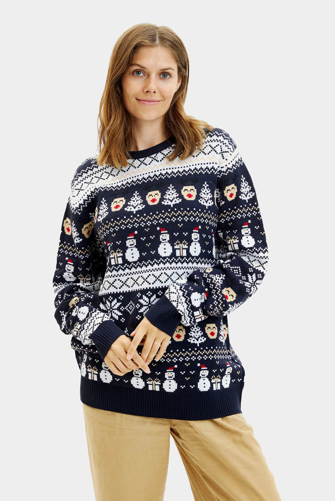 Suéter de Navidad Azul Muñecos de Nieve y Cenefas Mujer