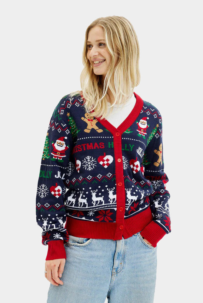 Suéter de Navidad Cárdigan Azul y Rojo Mujer