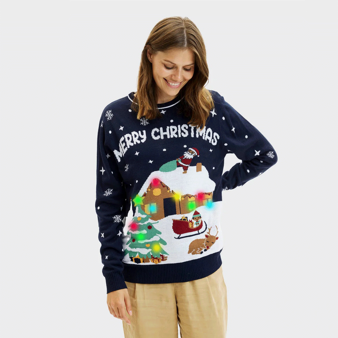 Suéter de Navidad Luces LED Mujer Azul Merry Christmas