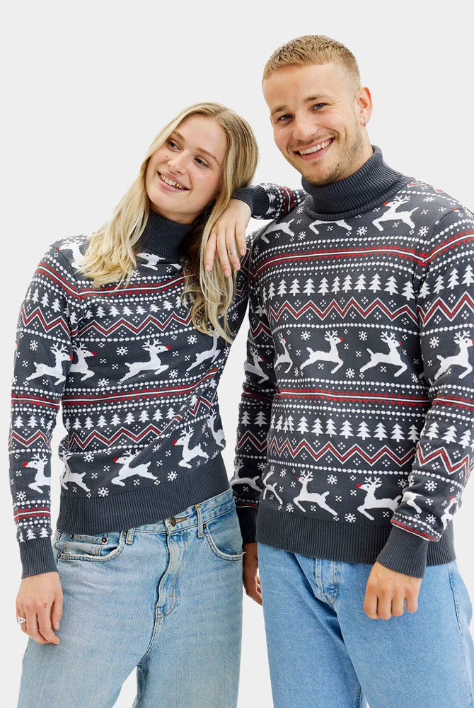 Suéter de Navidad de cuello alto para Hombre Gris con Renos Algodón Orgánico Mujer