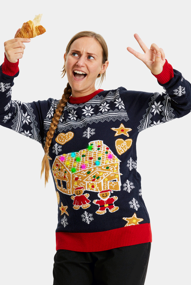 Mujer Suéter de Navidad con Luces LED Parejas Casa Gingerbread