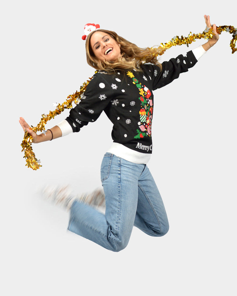 Suéter de Navidad con Árbol de Navidad para Mujer Negro