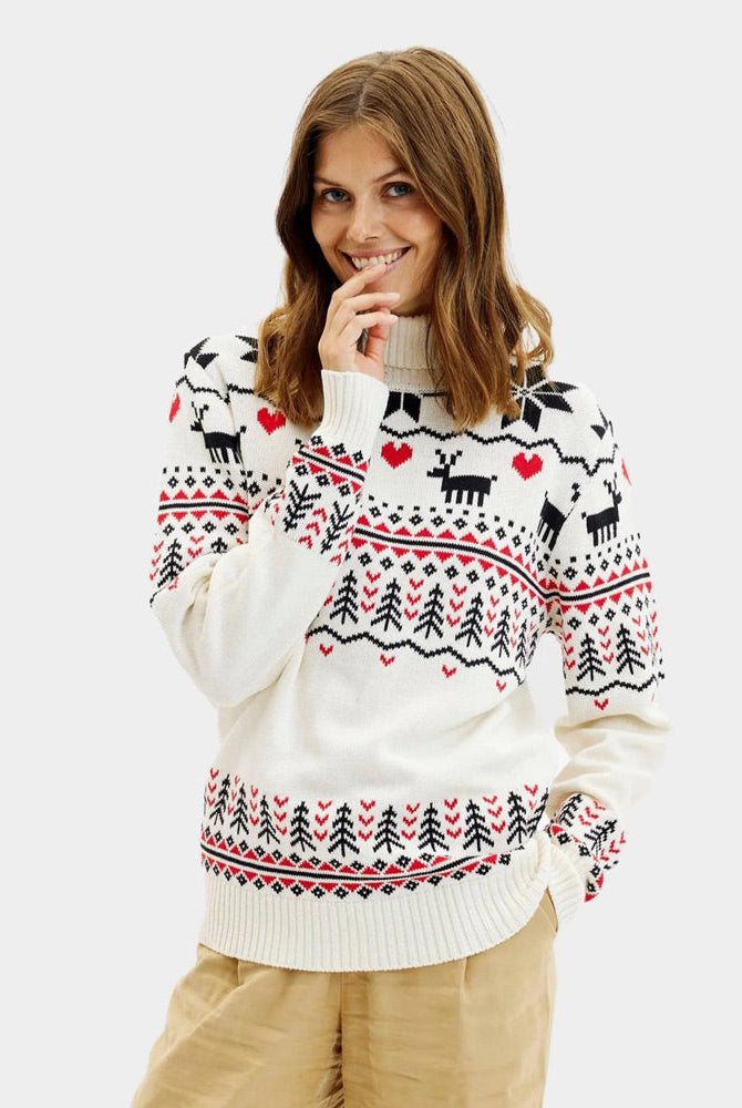 Suéter de Navidad de cuello alto Elegante Beige Algodón Orgánico Mujer