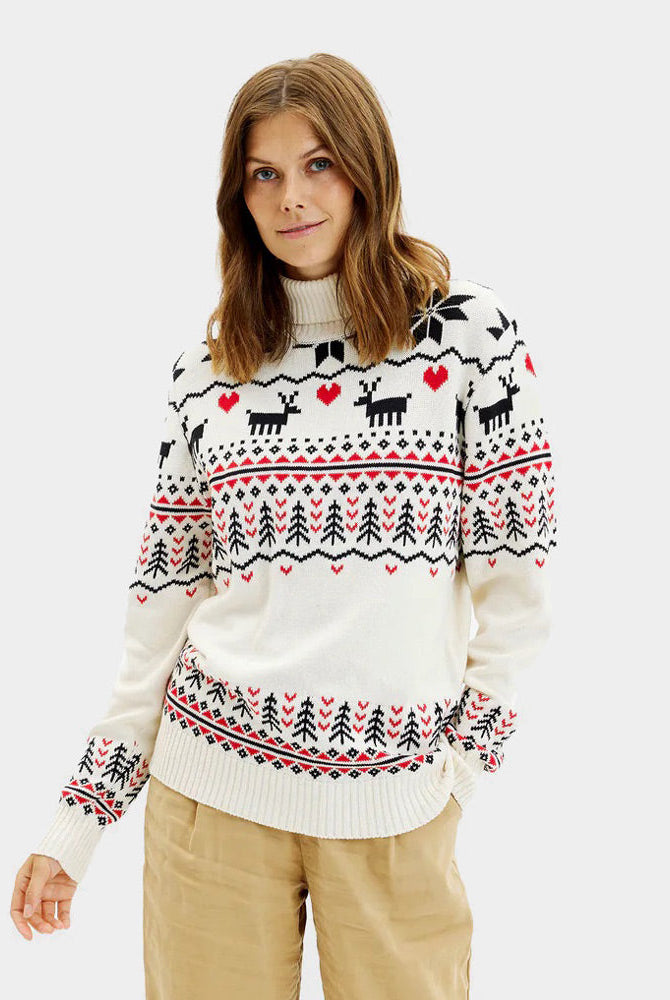 Suéter de Navidad de cuello alto Parejas Elegante Beige Algodón Orgánico Mujer