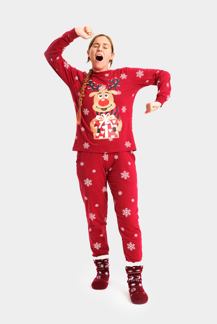 Pijama Navideña para Familia Rojo Reno Rodolfo mujer