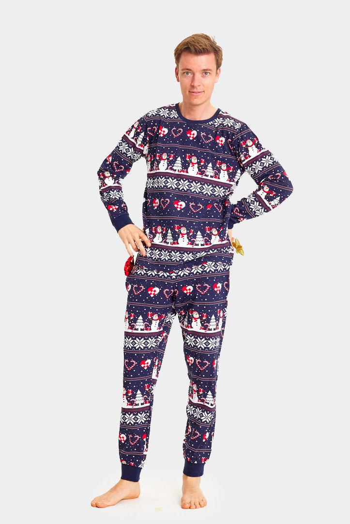 Pijama Navideña para Familia Azul con Muñecos de Nieve y Corazones hombre