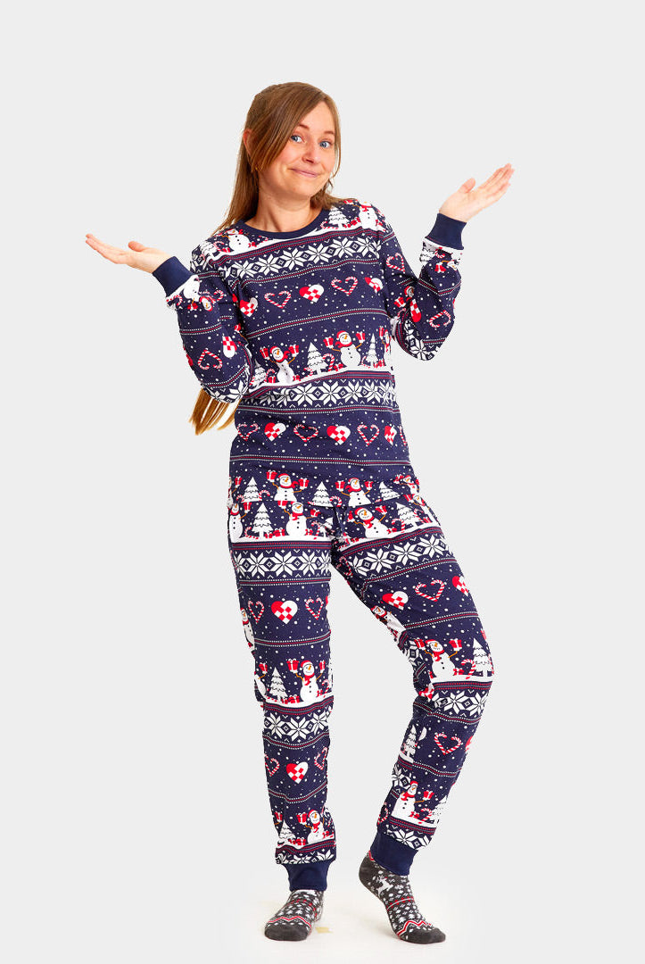 Pijama Navideña para Familia Azul con Muñecos de Nieve y Corazones mujer