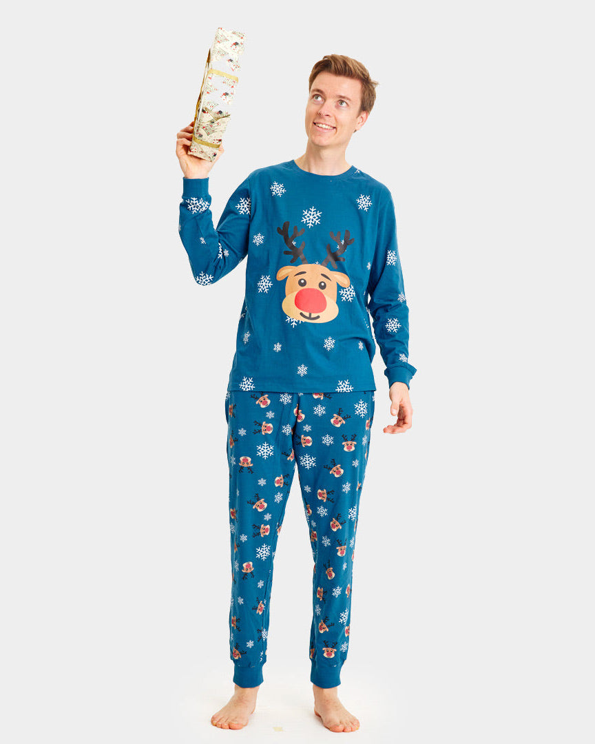 Pijama Navideña para Familia Azul con Reno Rudolph hombre