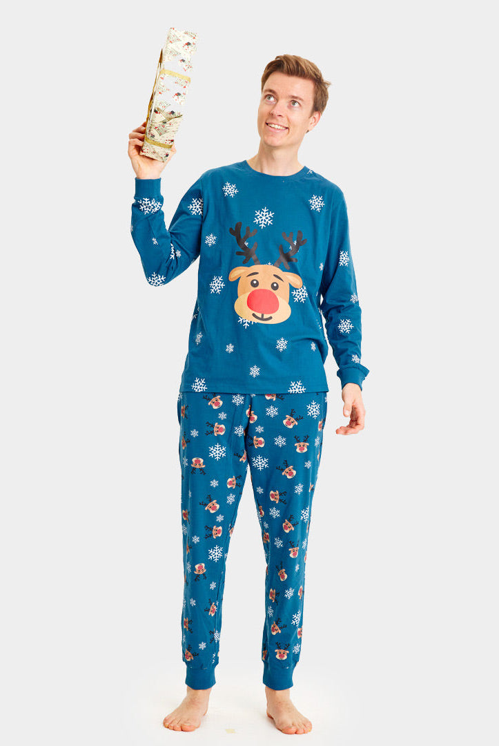 Pijama Navideña para Familia Azul con Reno Rudolph hombre