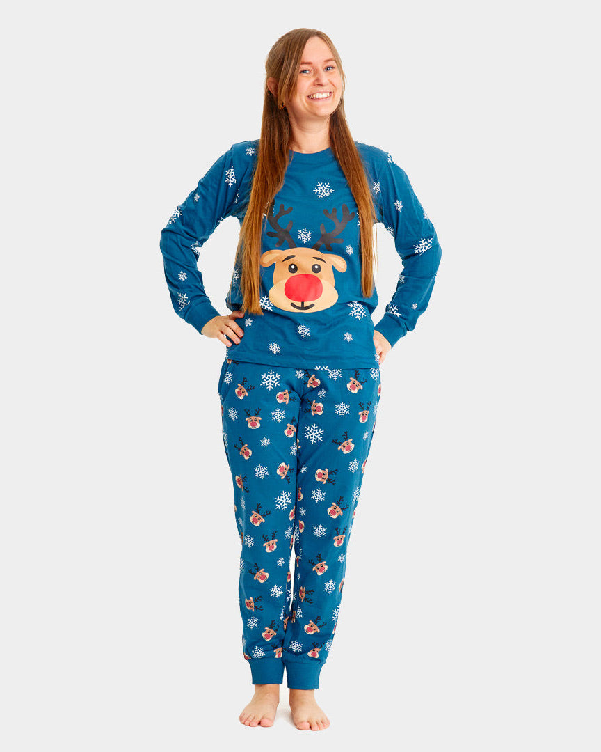 Pijama Navideña para Familia Azul con Reno Rudolph mujer
