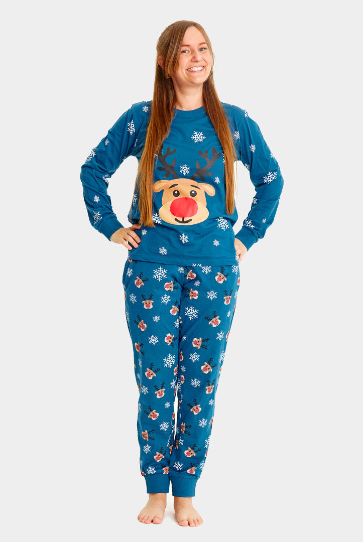 Pijama Navideña para Familia Azul con Reno Rudolph mujer