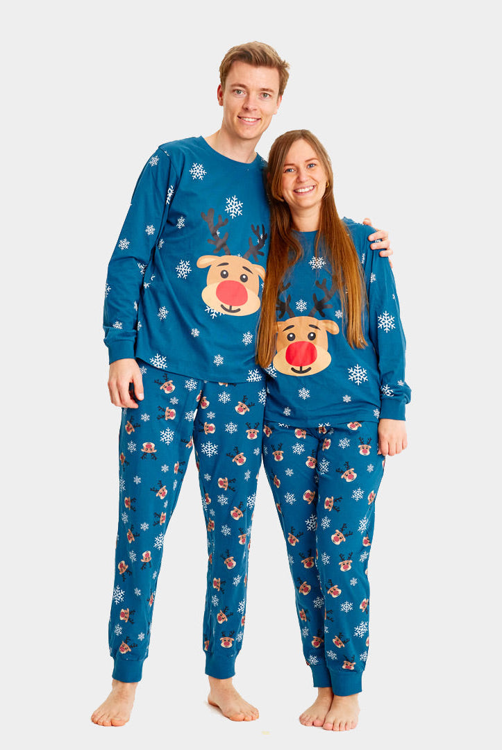 Pijama Navideña Adultos Unisex Azul con Reno Rudolph Pareja