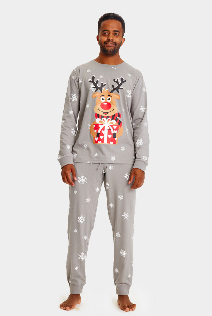 Pijama Navideña para Familia Gris Reno Rodolfo hombre