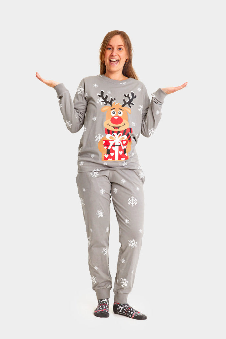 Pijama Navideña para Familia Gris Reno Rodolfo mujer