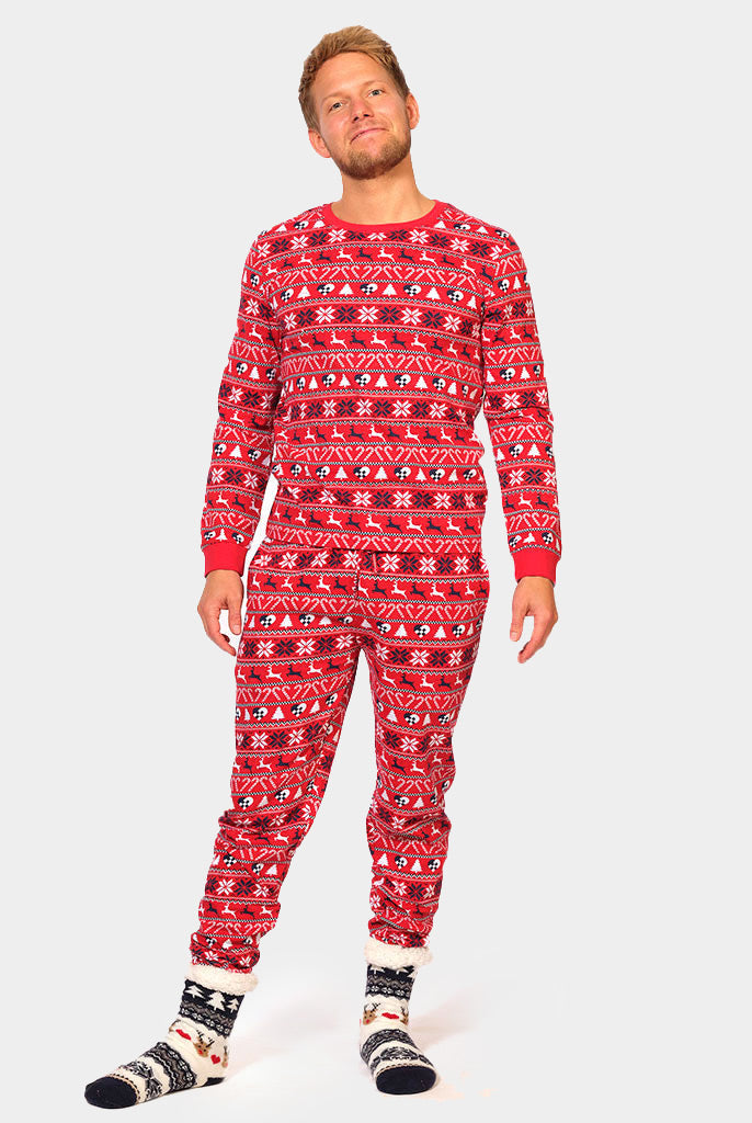 Pijama Navideña Adultos Unisex Rojo con Renos y Árboles Hombre