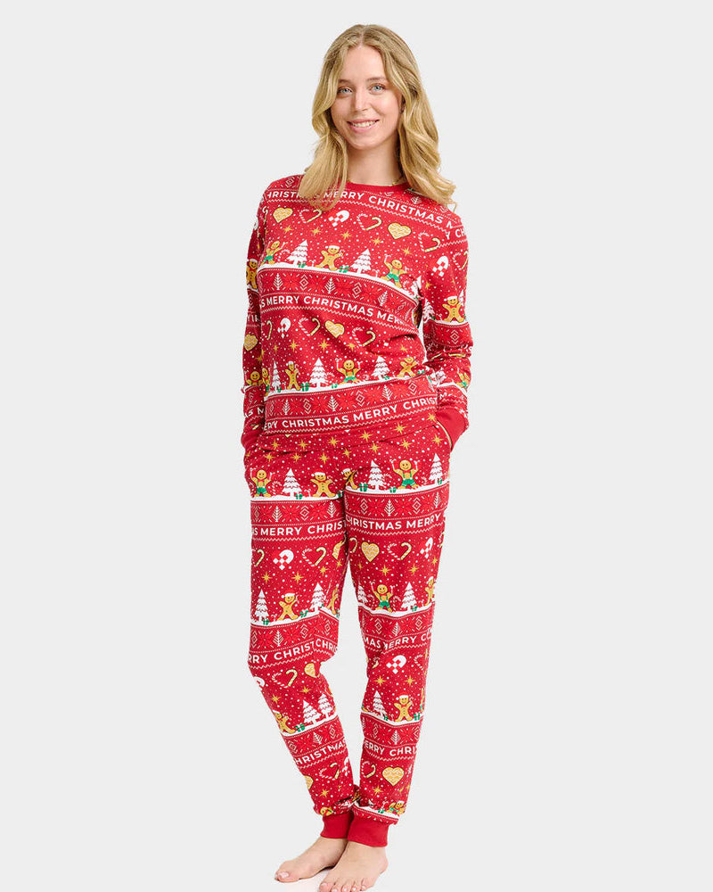 Pijama Navideña para Familia Gingercookies Rojo Algodón Orgánico Mujer